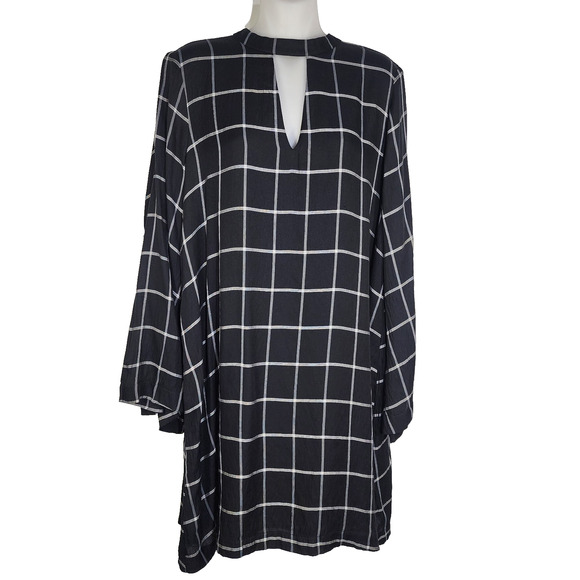 Ann Taylor Loft Shift Dress Medium Black Gray Windowpane Plaid Keyhole Choker - Picture 1 of 11